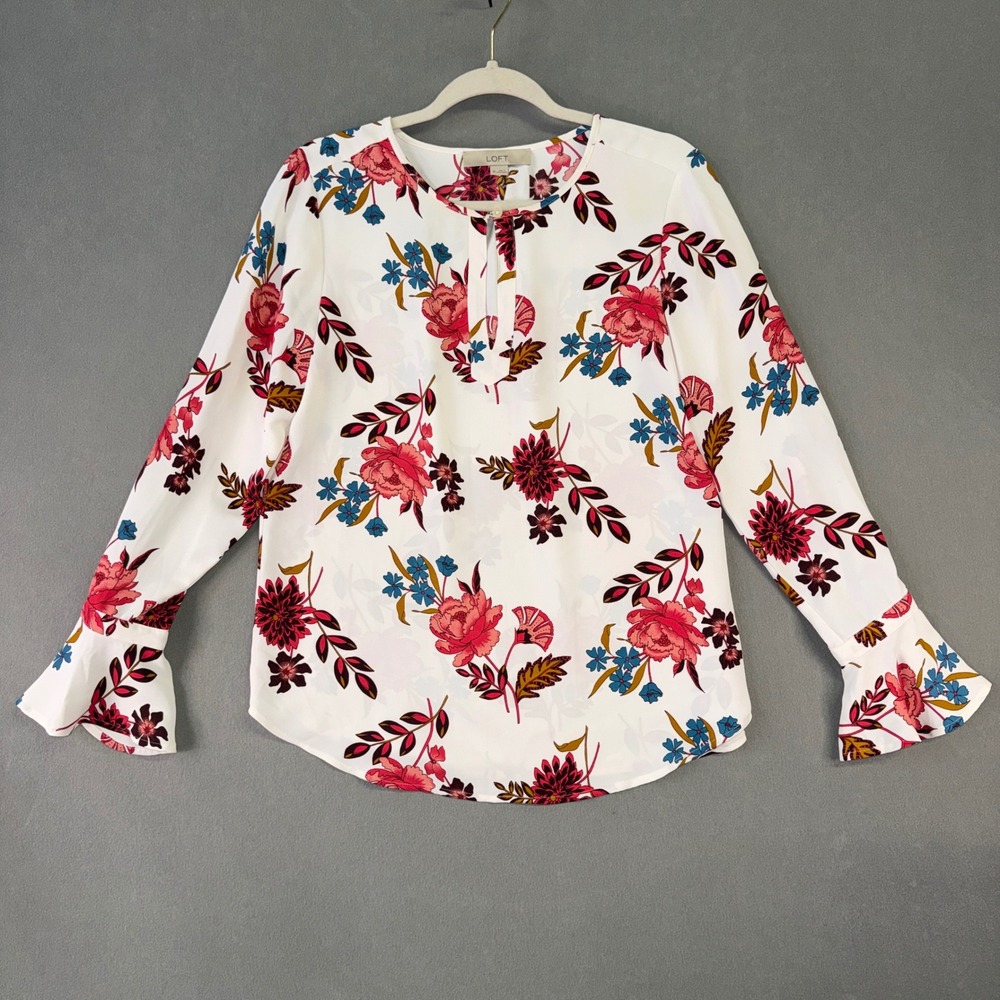 LOFT Floral Long Sleeve Blouse White Pink Blue Keyhole Bell Cuff Top XS